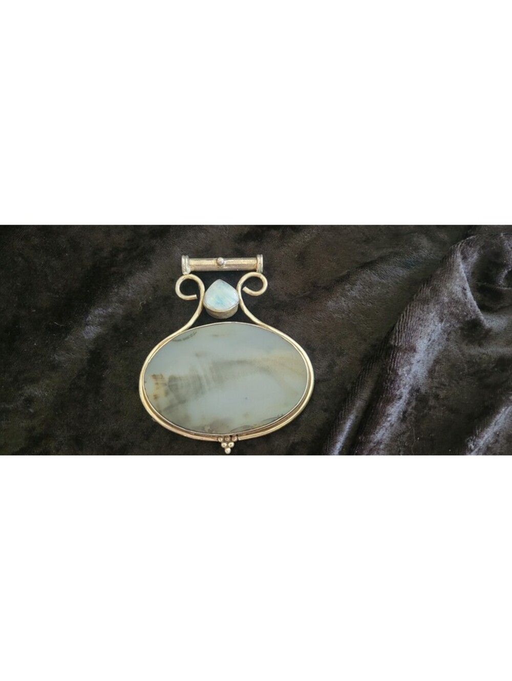 Large Hand-made 925 Pendant w/Agate and Rainbow Moonstone